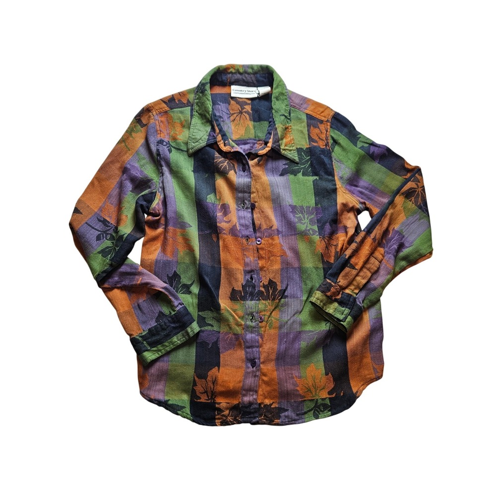 Country Store Womens Large Cotton Plaid Leaf Print Button Down Shirt Fall Multi